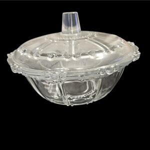 Vintage Clear Pressed Glass Lidded Candy Dish Beaded Panel Design
